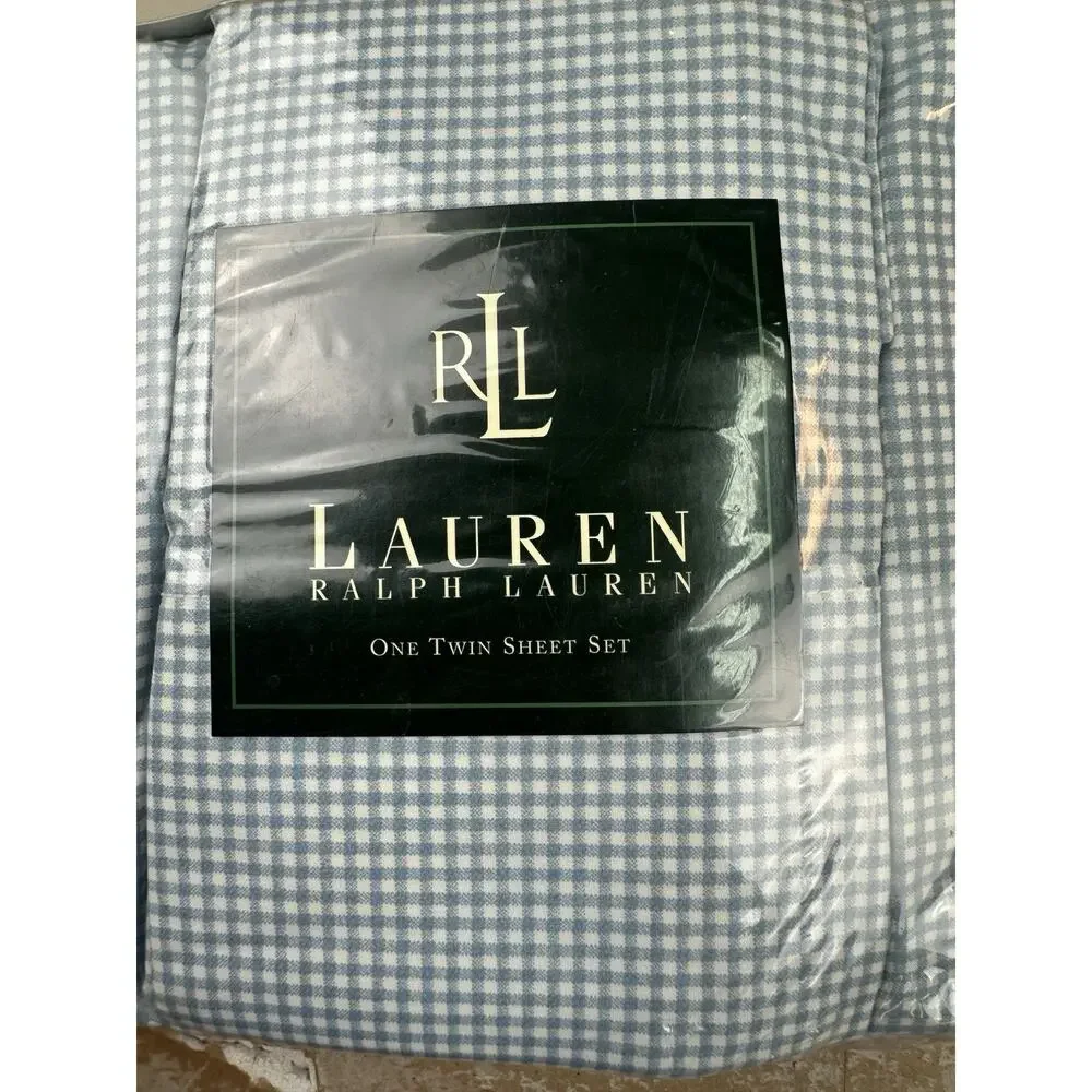 Vintage New Ralph Lauren Light Blue Small Gingham Twin 3 pc Sheet Set Classic